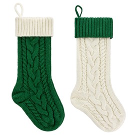 PETOX Christmas Stockings 18 Inches Large Size Cable Knitted Stocking Gift and Decorations for Holiday Family Xmas Party (Green and White, Pack of 2)
