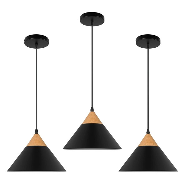 KIGHSIN Black Industrial Farmhouse Pendant Light for Kitchen Island, Vintage Wood Grain Cone Barn Metal Shade Hanging Ceiling Light for Dining Room Living Room Hallway (3 Pack)
