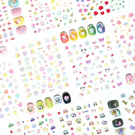 okiyomi 10 Sheets of 3D Nail Stickers - 719 Cute Nail Stickers - Embossed Nail Stickers for Kids | Kawaii Nail Stickers - Butterfly, Flowers, Cats, Bunny, Stars, Fruits | Glow in The Dark Kids Nail Stickers