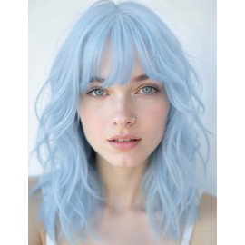 LOHO WONDERZ Wavy Wig and Sunglasses Set - 15 Inch Wavy Wig With Bangs - Heat Resistant Shoulder Length Curly Bob Wigs for Women - Bachelorette Party Costume Cosplay (Haze Blue)