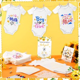 126 Pcs Baby Shower DIY Bodysuit Set Rustic Kraft Baby Shower Game Sign DIY Bibs 25 Blank White Newborn Bodysuit 25 Fabric Marker 24 Markers 1 Sign and Stencils for Gender Reveal(Bee)