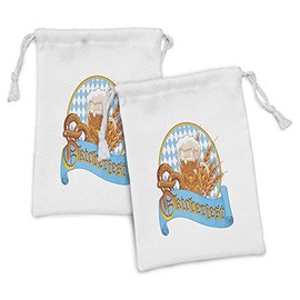 Lunarable Oktoberfest Fabric Pouch Set of 2, Circle Shaped Frame with Beer, Pretzel and Wheatears German Culture Cheerful, Small Drawstring Bag for Toiletries Masks and Favors, 9" x 6", Orange Blue