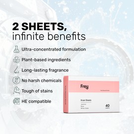 FREY Naturally Scented Dryer Sheets - Fabric Softener for Soft, Fresh & Clean Clothes (1-pack, Jasmine Rose)