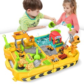 RISUNTOY Construction Sandbox with 4 Trucks & Sand/Water Play-Foldable Portable Design Portable Beach & Backyard Toy for Ages 3-12, Outdoor Engineering Set with Rotating Crane for Kids