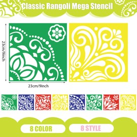 Watersay 8 Set Rangoli Diwali Stencils 11 x 11'' Large Reusable Mandala Painting Stencil Indian Traditional Festival Drawing Rangoli for Floor Wood Wall Fabric Furniture Art DIY Craft Decorations