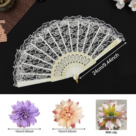 BSITSSS White Lace Hand Fan Folding With 2 PCS Flower Hair Clips, Folding Fans Handheld and Hairs Accessories, Flower Hair Pins Hand Held Fan Set for Women Girls Dancer Wedding Bridal Shower Party
