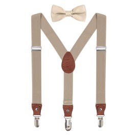 WANYING Braces Bow Tie 2 in 1 Set for Babys Children Boys Girls 1-8 Years Elastic Adjustable Y-Back 3 Clips 2.5cm Suspenders - Plain Khaki