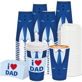 48 Set Father's Day Disposable Coffee Cups with Lids Sleeves Paper Cup Blue Suit I Love Dad Drinking Cups for Father's Day Party Supplies