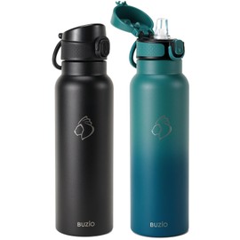 2PCS BUZIO 24oz Stainless Steel Water Bottle with Straw Lid, Vacuum Insulated Thermo Flask for Drinking Teens Double Wall Leakproof Travel Tumbler Mug for School, Cold for 48 Hrs (Black+Blue)