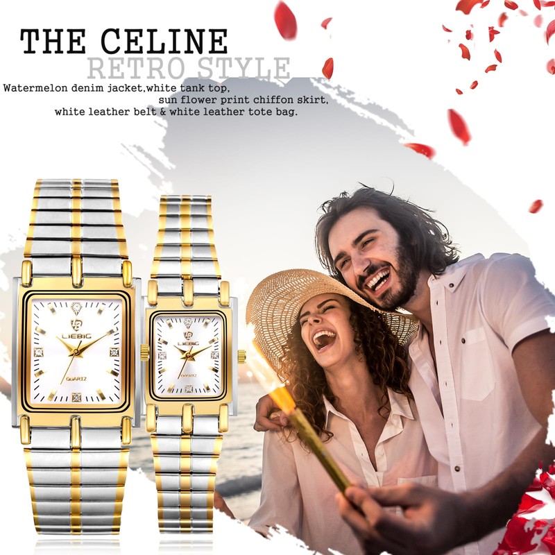 JewelryWe Men's Women's Couple Watch Quartz Analogue Rectangular Ceramic Band