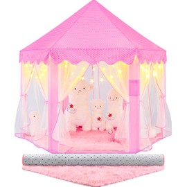 CUBNBUD Princess Tent with Lights and Rug, Princess Tent for Girls Age 4-7, Kids Play Tent for Girls Indoor, Princess Castle Playhouse Tent for Toddlers, Pink Princess Toy Tent 55x53 inch