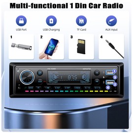 GOHHDL Car Radio Bluetooth 5.0 1DIN, Car Radio with Bluetooth Hands-Free Kit, 7 Colours FM Radio 1 DIN with 2 USB/AUX/SD/MP3 Players, Compatible with iOS and Android