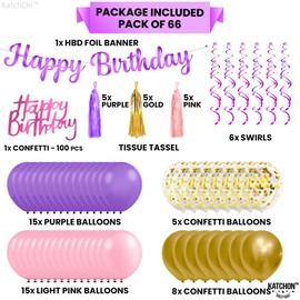 KatchOn, Pink and Purple Birthday Decorations - Huge, Pack of 66 | Purple Happy Birthday Banner | Pink, Purple and Gold Tassel Garland | Birthday Party Decorations Purple | Girl Birthday Decorations