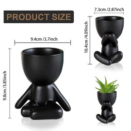 Cute Mini Ceramic Flower Pots Flower Pots Succulents 2 Pieces Creative Small Figures Mini Flower Pots Indoor Small Flower Pots for Table Patio Home Decoration (Black)