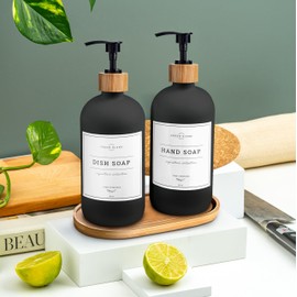Vine Creations Glass Soap Dispenser Set - Kitchen Soap Dispenser Set with Tray - Bamboo Hand and Dish Soap Dispenser Set for Kitchen Sink or Bathroom - Black Kitchen Decor with Waterproof Labels