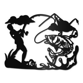 CREATCABIN Fishing Metal Wall Art Decor Fish Black Wall Signs Iron Hanging Metal Ornament Wall Sculpture Gift for Home Office Balcony Garden Living Room Kitchen Decoration Christmas 11.8x9.1Inch