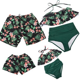 Hulaha - Traje de baño familiar a juego para hombre, pantalones cortos de verano para niños, pantalones cortos de playa para niñas, traje de baño estampado, Verde Floral, X-Large