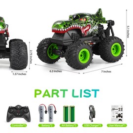 DYODYORC Remote Control Car, 2.4Ghz All Terrain Dinosaur Monster Truck Toys, RC Truck with Music, 3 Lighting Effects, 360 Stunt Capable, All included Ready to Run, Toy Gifts for Boys and Girls (Green)
