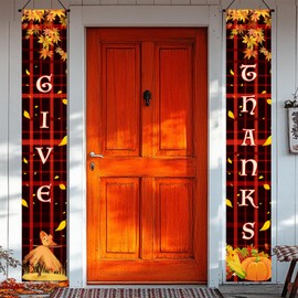 BlissYard Thanksgiving Door Banner 12x71 Inch Vertical THANKS GIVE Red Plaid Fall Porch Sign Rustic Harvest Door Hanging Decoration with Pumpkin Corn Scarecrow Autumn Entry Decor for Indoor Outdoor