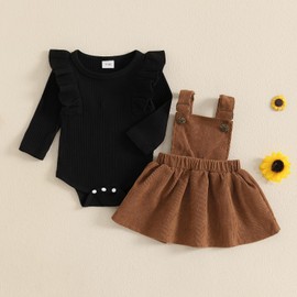 Sprifallbaby Baby Girl Fall Outfit Solid Ruffled Long Sleeve Crew Neck Romper with Corduroy Suspender Skirt 2 Pcs Set (Black, 3-6 Months)