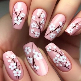 Pink Winter Press on Nails Medium Flower Fake Nails Pink Coffin False Nails With 3D White Plum Blossom Design Glossy Glue on Nails Coffin Acrylic Nails Autumn Winter Medium Stick on Nails for Women