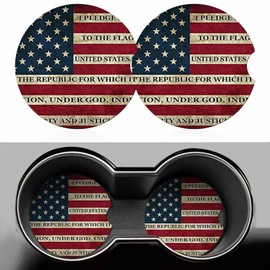 Rustic USA Flag Car Cup Holder Coaster 2 Pack Absorbent Ceramic Car Coasters for Cup Holders Car Accessories Interior for Women Men Universal Anti Slip Cork Base Cup Coasters with Finger Notch