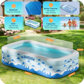 Inflatable Pool with Seats, Size:130"x 72" x 22" Ultra Thick Kiddie Pool for Kids and Adults, Blow Up Above Ground Swimming Pool for Family, Backyard, Garden, Lawn