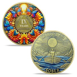 IELCJJ 9 Year Sobriety Coin, Delicate Sunflower Sobriety Chip Colorful Butterfly AA Coin and Medallions One Day at A Time Sober Token Narcotics Alcoholics Anonymous Recovery Gifts for Men Women