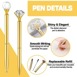 12Pcs Diamond Ballpoint Pens, Glitter Crystal Metal Pens with Black Ink, Retractable Elegant Bling Ballpoint Pens, Fancy Present for Ladies Students Xmas Wedding Graduation School Office (Gold)