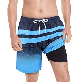 QRANSS Mens Swim Shorts with Compression Lined 7'' Striped Quick Dry Swim Trunks Boardshorts Bathing Suit