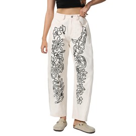 Kedera Women's Causal Baggy Boyfriend Jeans Vintage Wide Leg Floral Embroidered Mid Rise Barrel Denim Ankle Pants