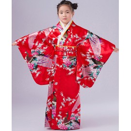 CRB Girls Kimono Japanese Top Robe Sash Belt Fan Set (Height 150cm, Red)