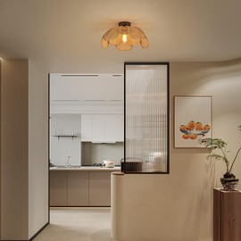 MhyTogn 22" Natural Rattan Flush Mount Ceiling Light Fixture， Hemp Rope Wicker Hand-Woven Boho Chandelier with Flower Lampshade for Porch Patio Hallway Bedroom Living Room Kitchen Island