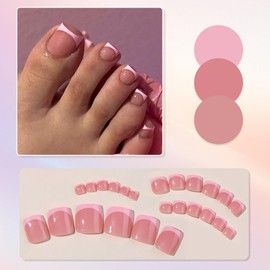 Viugex 24Pcs Pink French Tip False Toenails, Short Square Press on Toenails, Glossy Reusable Artificial Fake Toe Nails, Acrylic Full Cover Stick on Toe Nails for Women Girls Toenail Decoration