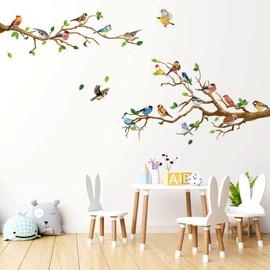 Bird on The Tree Branch Wall Decals, Removable Green Leaf Wall Stickers, Watercolor Hummingbird Wall Decor, DIY Flying Bird Art Vinyl Murals for Bedroom Living Room Nursery Decoration