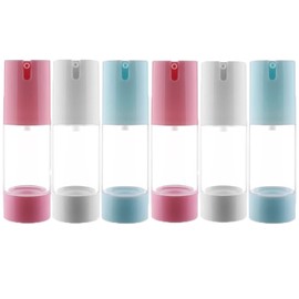 Qeuly Airless Pump Bottles, 1 oz Travel Size Lotion Dispenser, Small Plastic Vacuum Cosmetic Pump Bottles for Lotion, Cream, Foundation and Toiletries, White/Pink/Blue (Pack of 6)