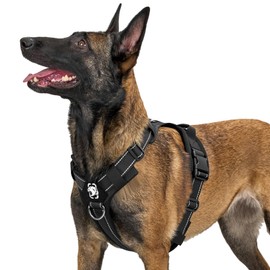 OneTigris Diesel Adjustable Tactical Harness, Soft Padded Chest Harness for Medium and Large Dogs with Reflective, 1 Handle, 3 D-Rings (Black, L)