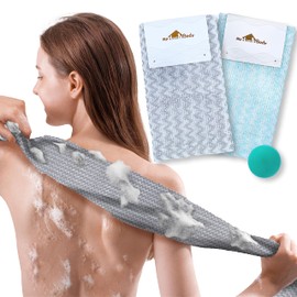 myHomeBody Extra Long Exfoliating Cloth | Exfoliating body scrub | Exfoliating Towel | Silver Gray and Arctic Blue Chevron with 3D texture, set of 2 with bonus facial brush