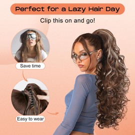 SEIKEA Ponytail Extension, 24" Fluffy Long Wavy Curly Claw Clip Hair Extensions Ponytail Multi-layered Clip in Fake Pony Tails Natural Soft Synthetic Hairpiece Brown to Blonde