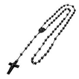Rosary Gold Silver Black Rose Gold Tone Guadalupe & Jesus Cross 28" Necklace HR 600 (Black Tone)