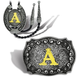 Yjfeshion 2 Pieces Western Cowboy Belt Buckle Bolo Tie Set Golden Initial Letter ABCJ to Z Rodeo Belt Buckles for Women Men A