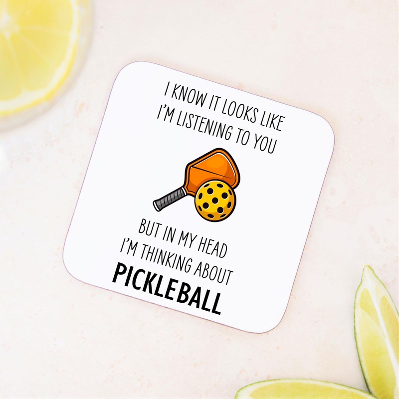 Thinking About Pickleball Wooden Drinks Coaster Mat Gift