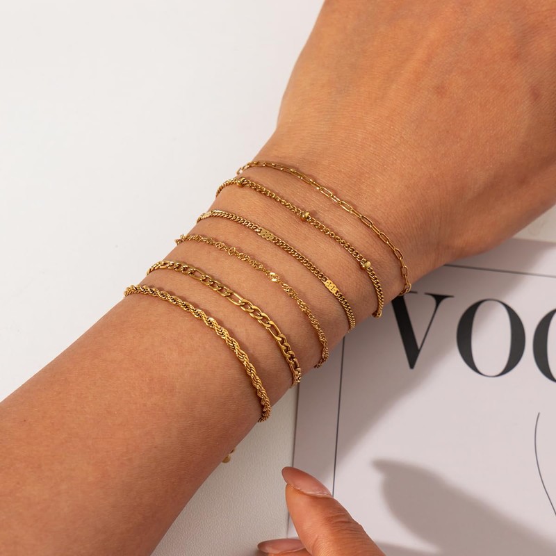 KunJoe Dainty Gold Chain Bracelets for Women Stack, Gold Jewelry
