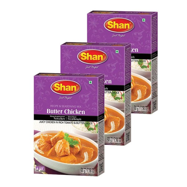 Shan Butter Chicken Recipe and Seasoning Mix 1.76 oz (50g) - Spice Powder for Juicy Chicken in Rich Tomato and Butter Sauce - Suitable for Vegetarians - Airtight Bag in a Box (Pack of 3)