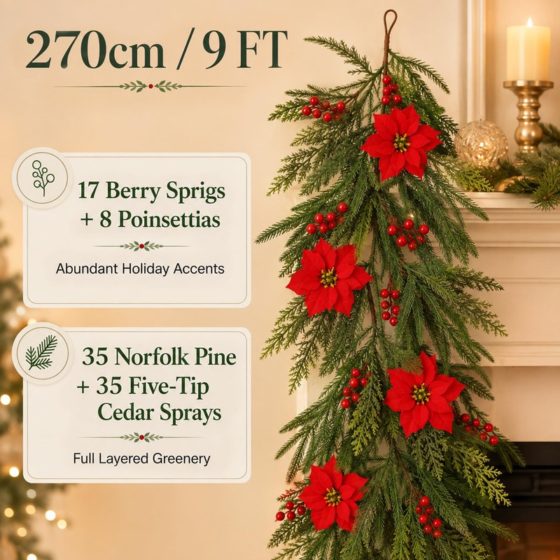 9 FT Artificial Christmas Garland, Faux Pine Greenery for Mantel