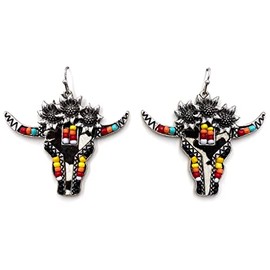 Southwestern Genuine Cowhide Concho Longhorn Texas Beaded Dangle Hook Earrings (Black Longhorn)