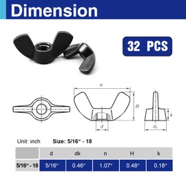 Usdrwam 32Pcs 5/16"-18 Wing Nuts Kit, Zinc Plating-Black Wing Nuts Butterfly Fasteners, Hand-Tighten Hardware Nuts Kit for Easy Assembly and Secure Fit Furniture