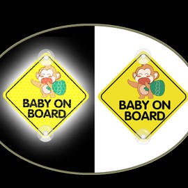 Nouiroy Luminous Baby On Board Sticker for Cars, Reflective Cute Monkey Baby in Car Decals with Suction Cups,Double-Side Printing PVC Car Sign Stickers for Car, Trucks, SUV (Double-Side Monkey)