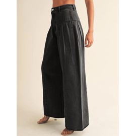 PLNOTME Womens Baggy High Waisted Jeans Loose Boyfriend Wide Leg Side Pleated Denim Pants Black