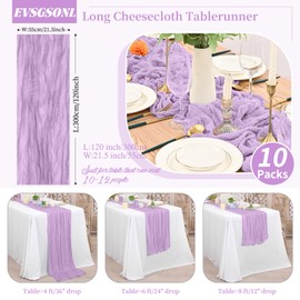 EVSGSONL 10 Pack Cheesecloth Table Runner Light Purple,10 ft Gauze Table Runner Long Semi-Sheer Rustic Boho Table Runners for Wedding,Bridal Shower,Party,Banquet Decoration(21.5 x 120 Inch)